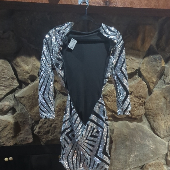 AKIRA Silver and Black Long Sleeve Sequin Dress - Picture 2 of 3